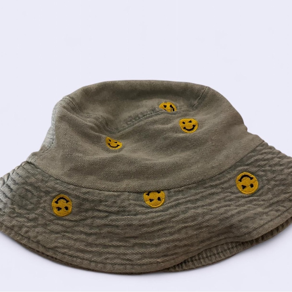 Denim Bucket Hat with Sutured Yellow Smiley Faces